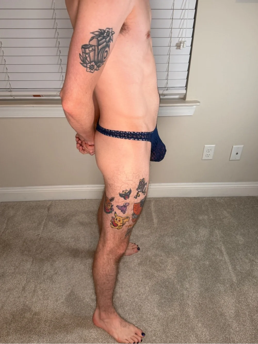 Men's Navy Blue  Lace Low-Rise Thong Underwear
